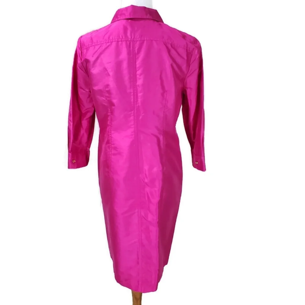 Talbots 100% silk sheath dress 6P Textured Fuschia Hot Pink Taffeta Shirt Dress - Picture 3 of 16